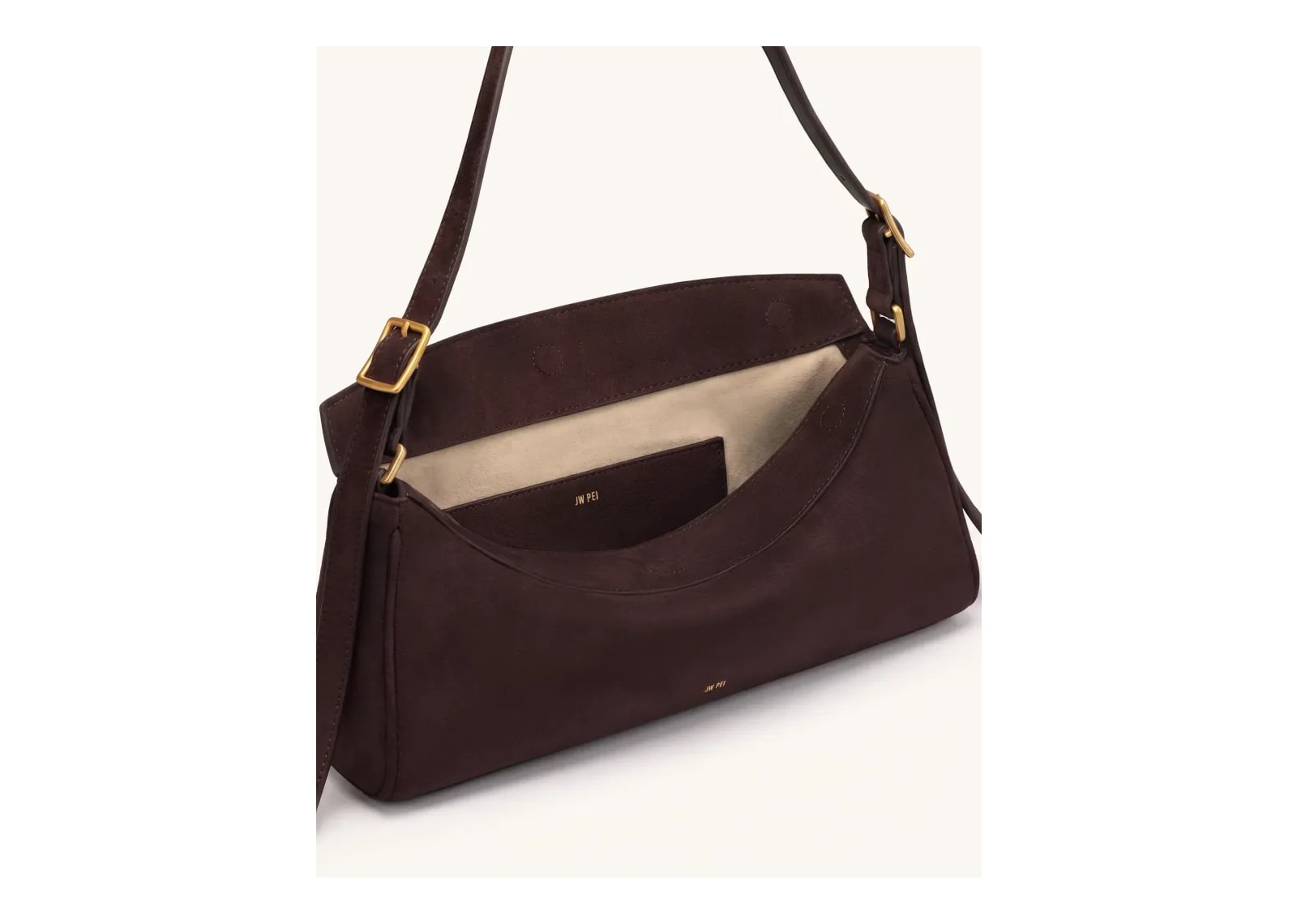 JW PEI Elowen Faux Suede East-West Shoulder Bag Dark Brown - görsel 4