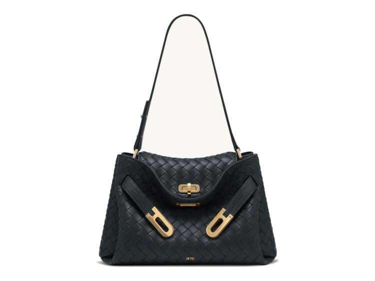 JW PEI Rhea Woven Texture Double Buckle Shoulder Bag Navy Blue