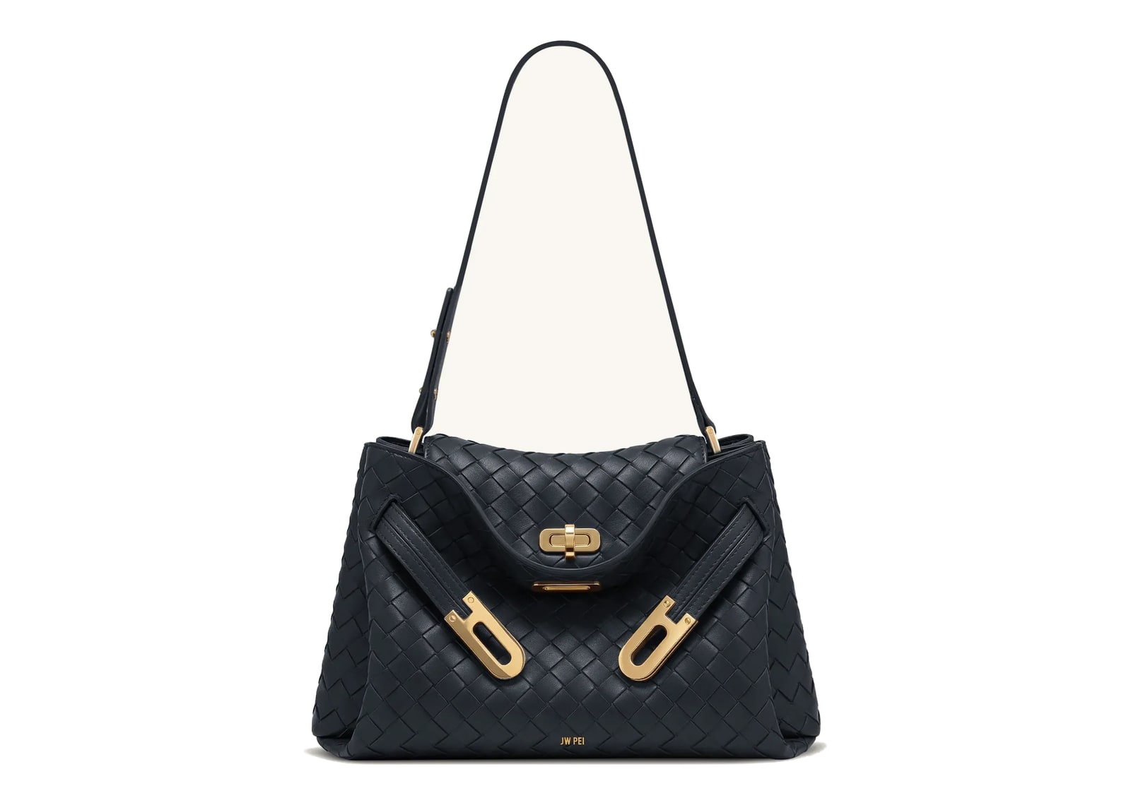 JW PEI Rhea Woven Texture Double Buckle Shoulder Bag Navy Blue