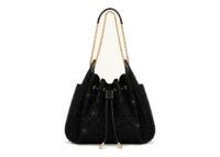 JW PEI Rowan Artificial Crystal Ruched Drawstring Chain Bucket Bag Obsidian