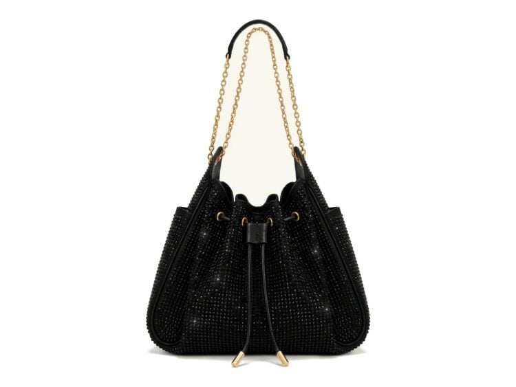 JW PEI Rowan Artificial Crystal Ruched Drawstring Chain Bucket Bag Obsidian