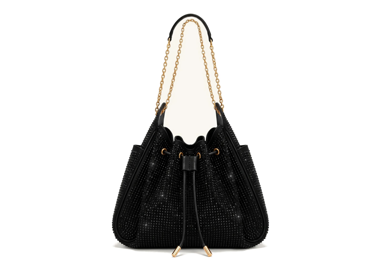 JW PEI Rowan Artificial Crystal Ruched Drawstring Chain Bucket Bag Obsidian