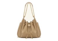 JW PEI Rowan Faux Ostrich Grain Ruched Drawstring Chain Bucket Bag Oak Brown