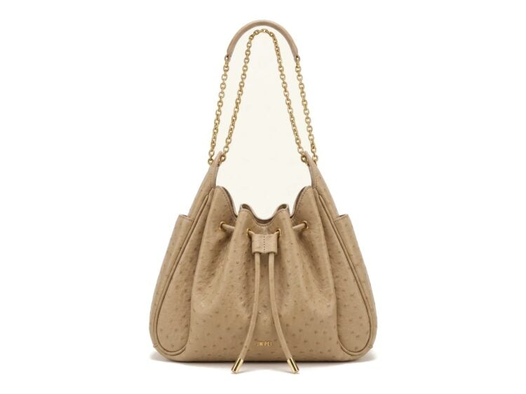 JW PEI Rowan Faux Ostrich Grain Ruched Drawstring Chain Bucket Bag Oak Brown