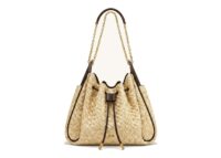 JW PEI Rowan Faux Straw Ruched Drawstring Chain Bucket Bag Brown