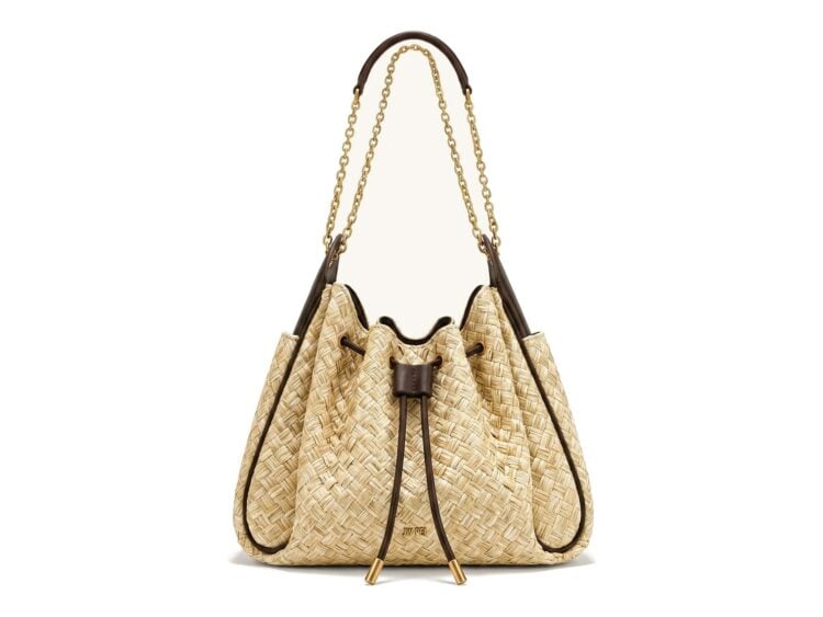 JW PEI Rowan Faux Straw Ruched Drawstring Chain Bucket Bag Brown