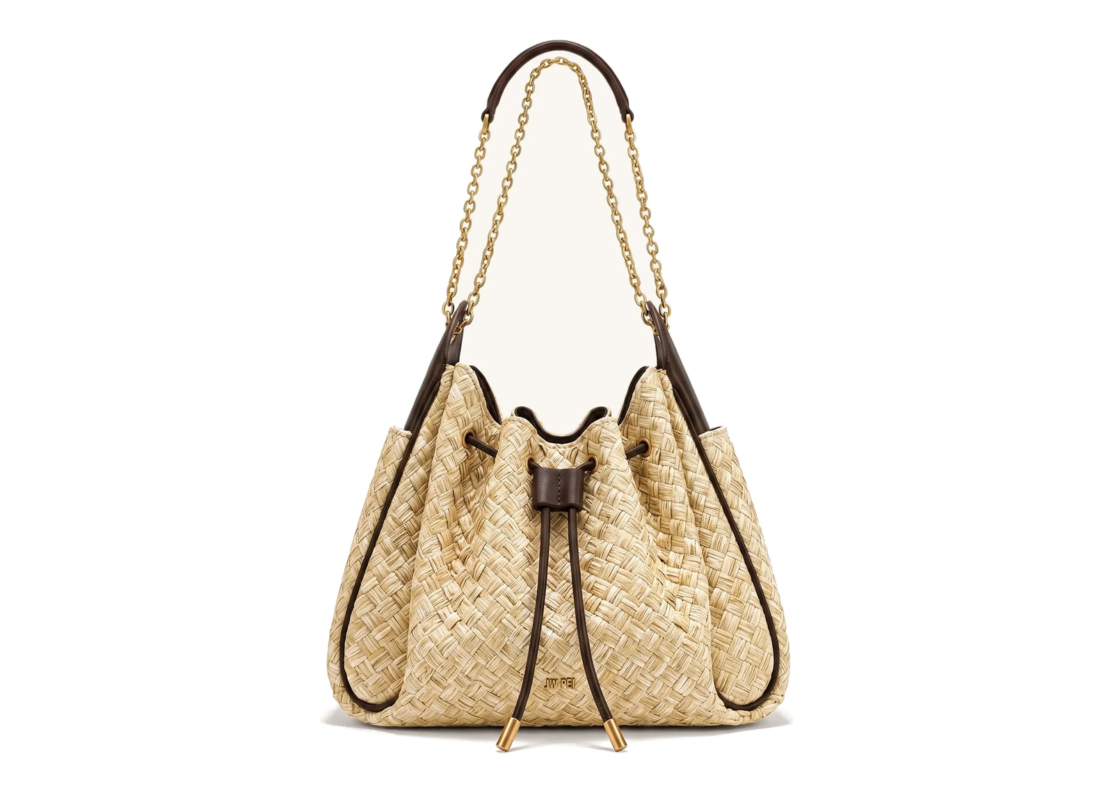 JW PEI Rowan Faux Straw Ruched Drawstring Chain Bucket Bag Brown