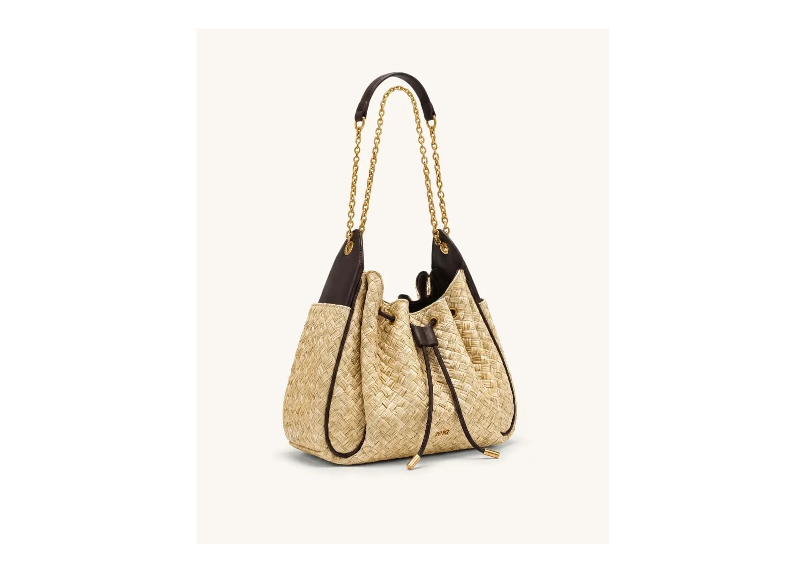 JW PEI Rowan Faux Straw Ruched Drawstring Chain Bucket Bag Brown - görsel 2