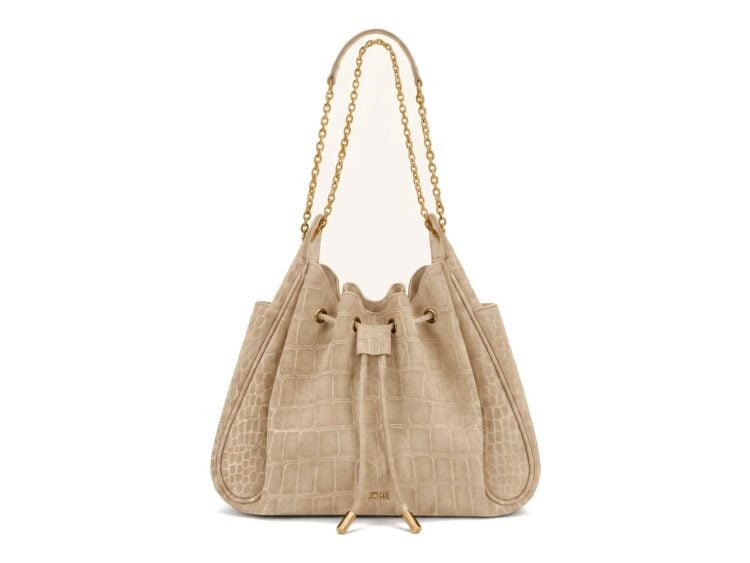 JW PEI Rowan Faux Suede Drawstring Chain Bucket Bag Camel Croc