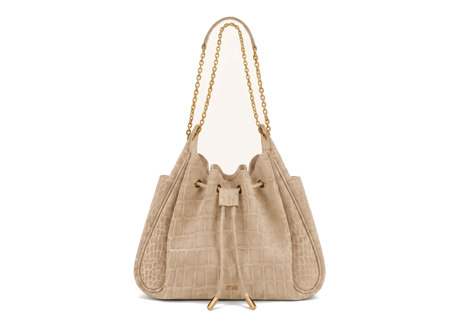 JW PEI Rowan Faux Suede Drawstring Chain Bucket Bag Camel Croc