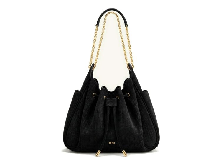 JW PEI Rowan Faux Suede Drawstring Chain Bucket Bag Cool Black Croc