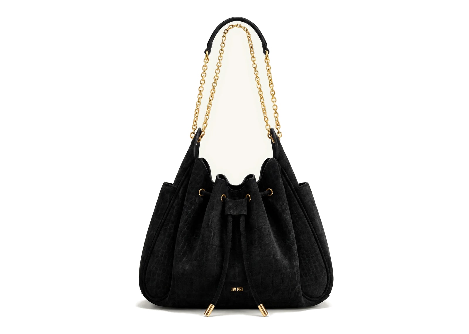 JW PEI Rowan Faux Suede Drawstring Chain Bucket Bag Cool Black Croc