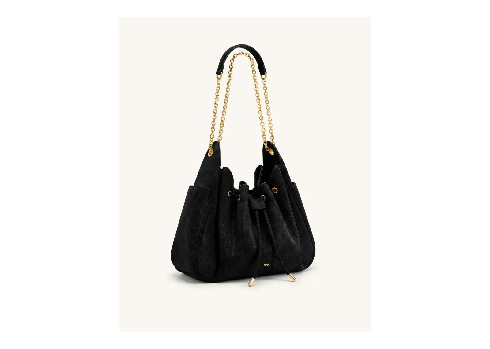 JW PEI Rowan Faux Suede Drawstring Chain Bucket Bag Cool Black Croc - görsel 2