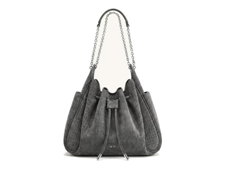 JW PEI Rowan Faux Suede Drawstring Chain Bucket Bag Smog Gray Croc