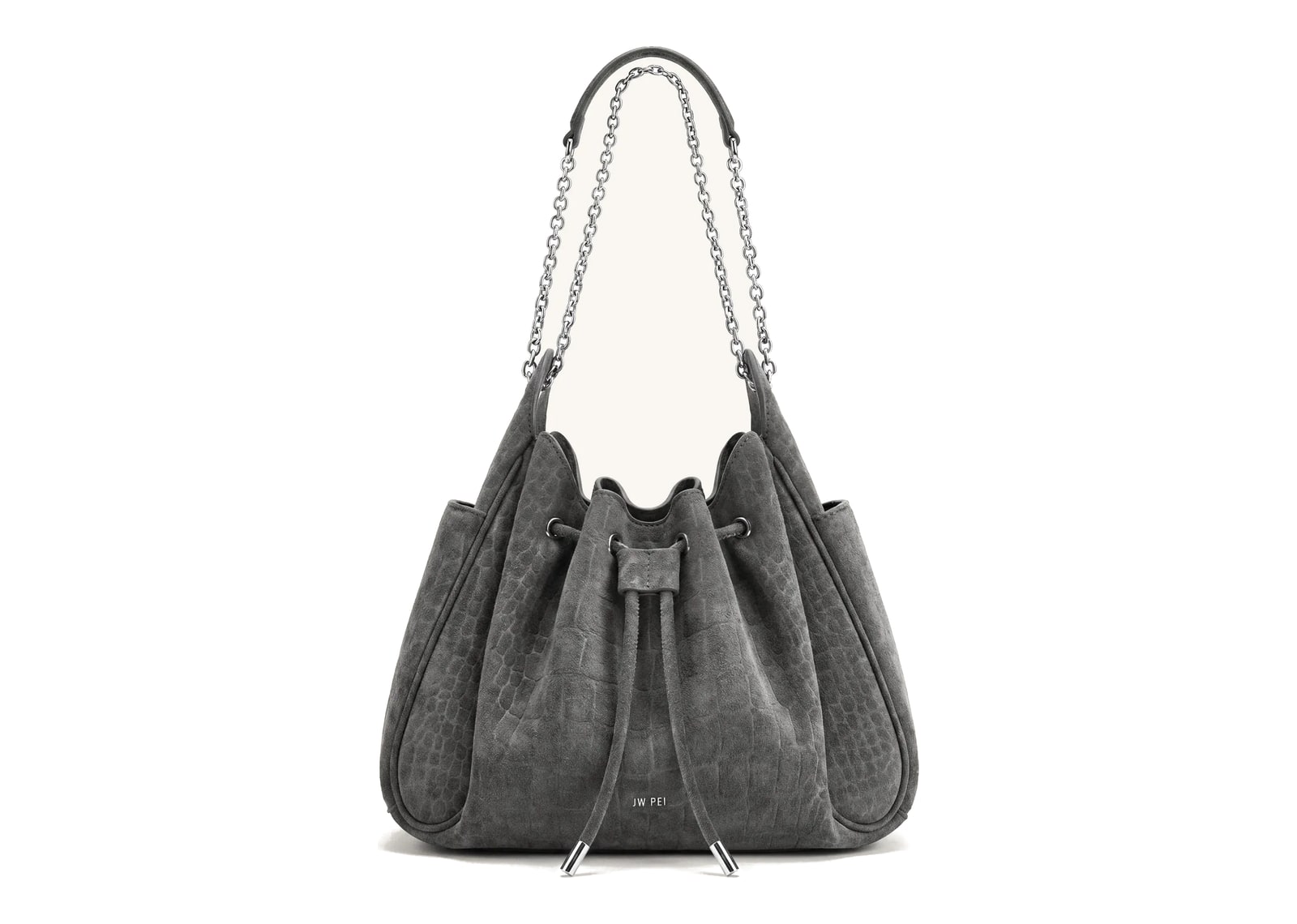 JW PEI Rowan Faux Suede Drawstring Chain Bucket Bag Smog Gray Croc
