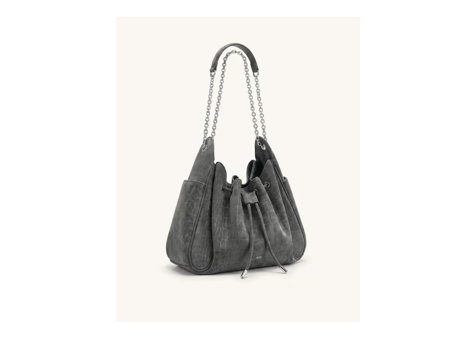 JW PEI Rowan Faux Suede Drawstring Chain Bucket Bag Smog Gray Croc - görsel 2