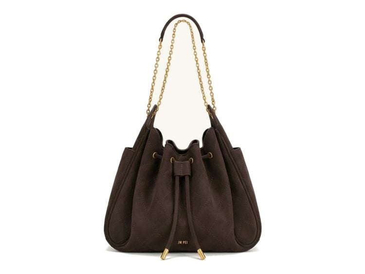 JW PEI Rowan Faux Suede Quilted Chain Bucket Bag Dark Brown