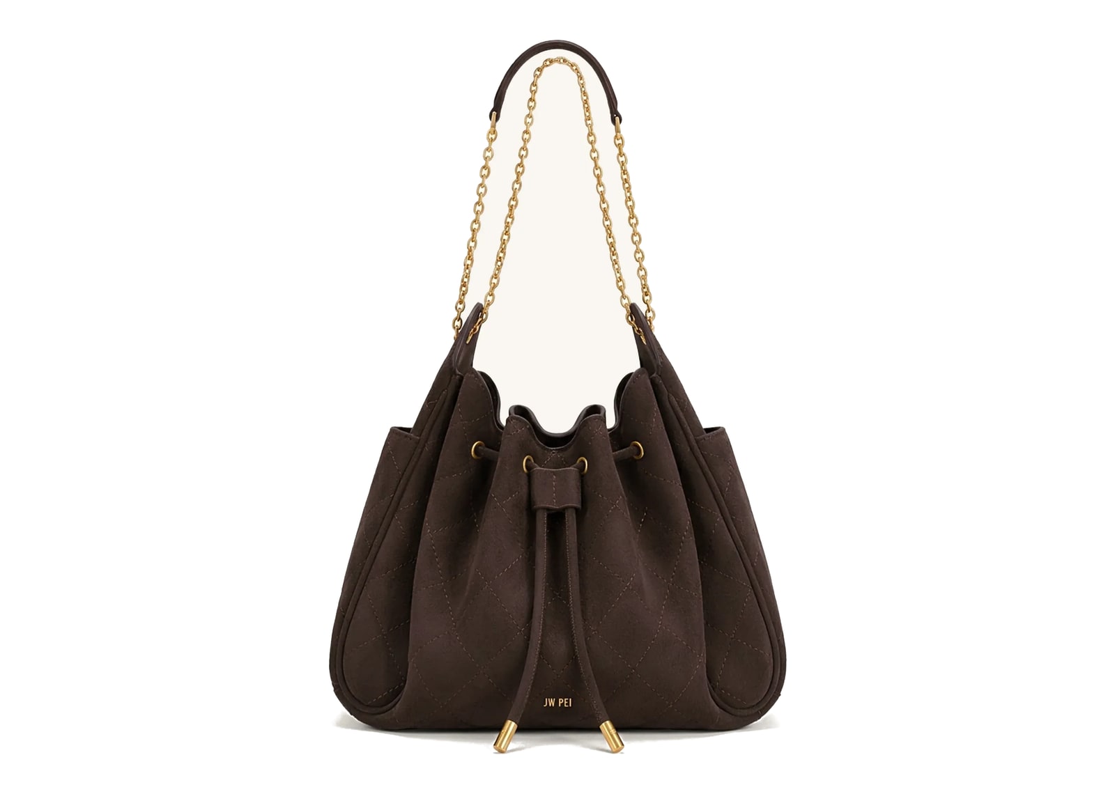 JW PEI Rowan Faux Suede Quilted Chain Bucket Bag Dark Brown