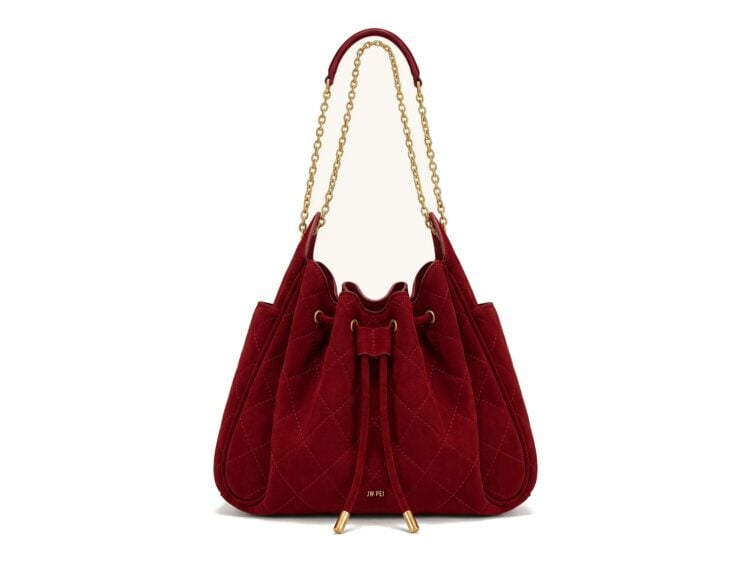 JW PEI Rowan Faux Suede Quilted Chain Bucket Bag Dark Red