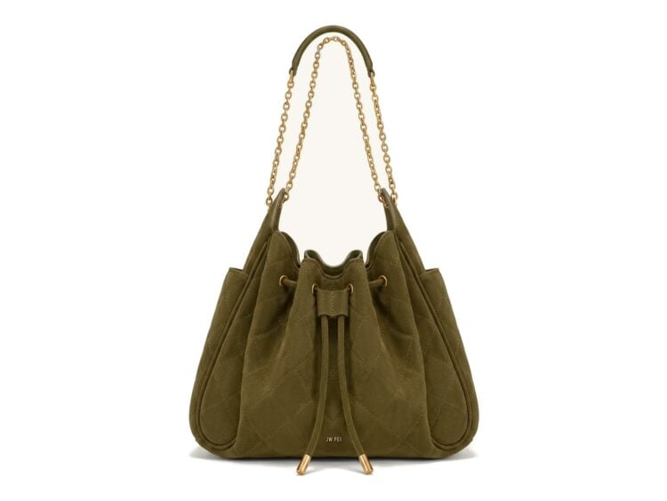 JW PEI Rowan Faux Suede Quilted Chain Bucket Bag Olive Green