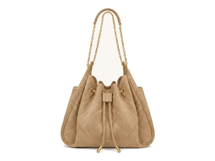 JW PEI Rowan Faux Suede Quilting Ruched Drawstring Chain Bucket Bag Coconut Brown