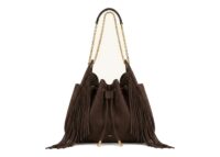 JW PEI Rowan Faux Suede Tassel Ruched Drawstring Chain Bucket Bag Amber Brown