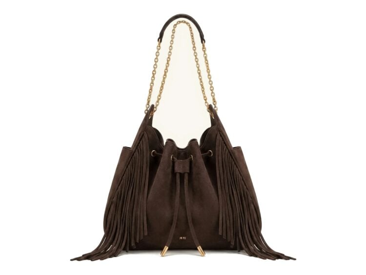 JW PEI Rowan Faux Suede Tassel Ruched Drawstring Chain Bucket Bag Amber Brown