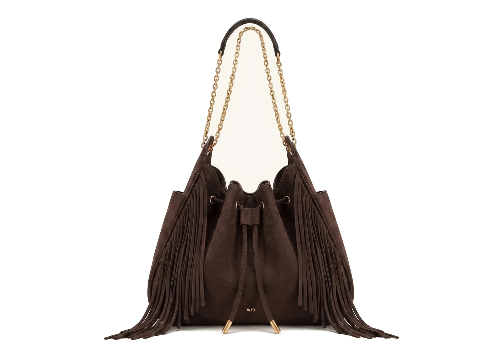 JW PEI Rowan Faux Suede Tassel Ruched Drawstring Chain Bucket Bag Amber Brown