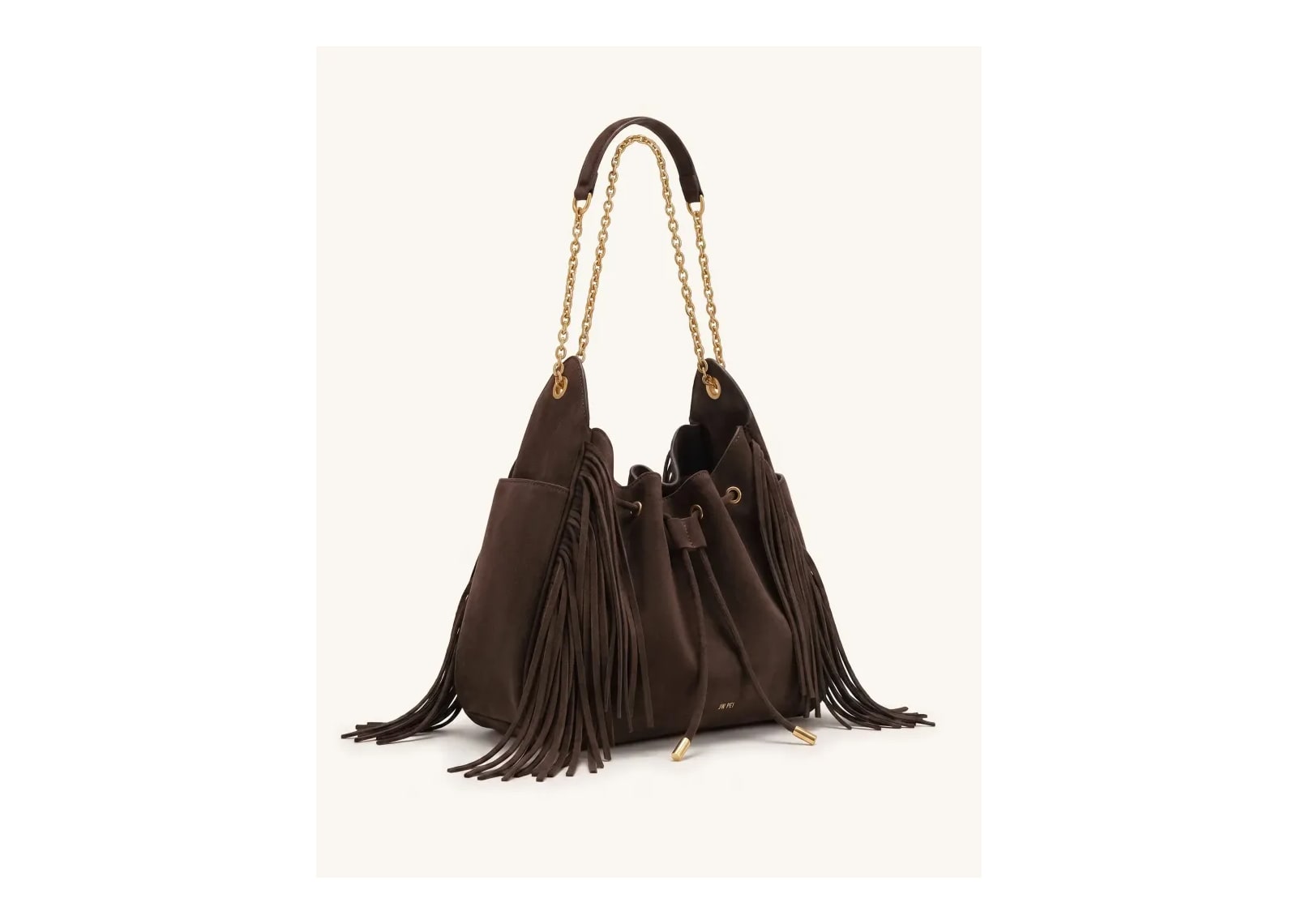 JW PEI Rowan Faux Suede Tassel Ruched Drawstring Chain Bucket Bag Amber Brown - görsel 2