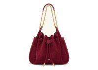 JW PEI Rowan Faux Suede Weaving Ruched Drawstring Chain Bucket Bag Dark Cherry