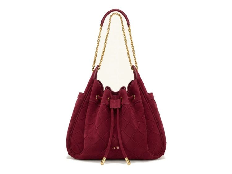 JW PEI Rowan Faux Suede Weaving Ruched Drawstring Chain Bucket Bag Dark Cherry