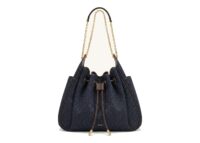 JW PEI Rowan Ruched Drawstring Chain Bucket Bag Black Blue Denim