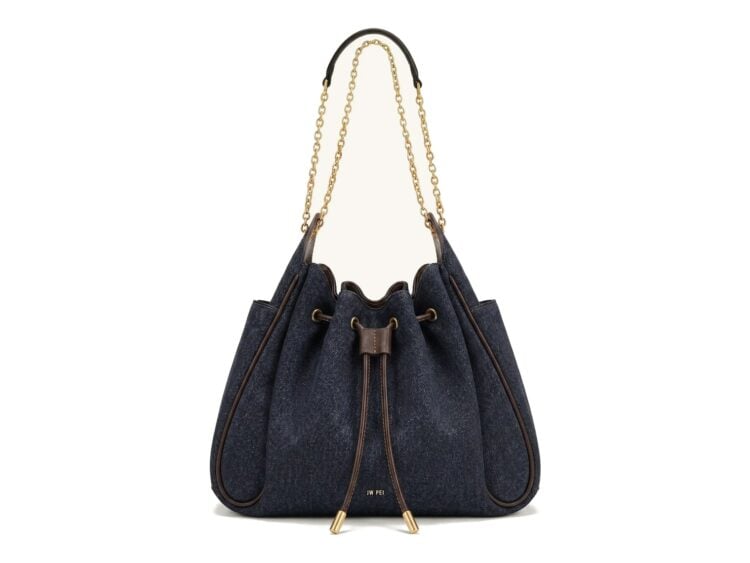 JW PEI Rowan Ruched Drawstring Chain Bucket Bag Black Blue Denim