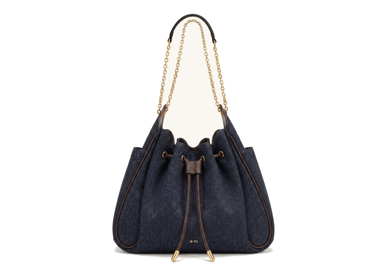 JW PEI Rowan Ruched Drawstring Chain Bucket Bag Black Blue Denim