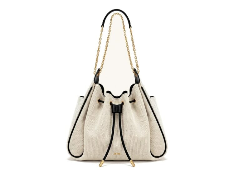JW PEI Rowan Ruched Drawstring Chain Bucket Bag Black Canvas