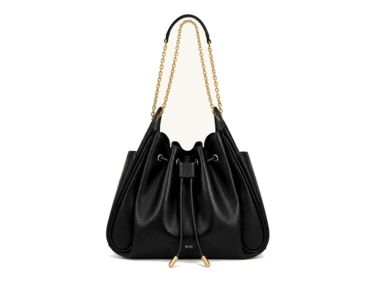 JW PEI Rowan Ruched Drawstring Chain Bucket Bag Black