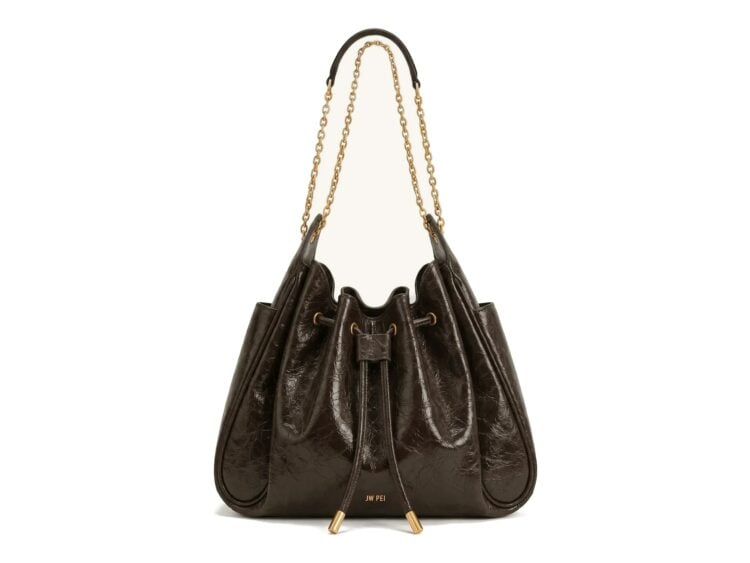JW PEI Rowan Ruched Drawstring Chain Bucket Bag Chestnut Brown