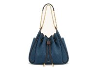 JW PEI Rowan Ruched Drawstring Chain Bucket Bag Dark Blue Denim