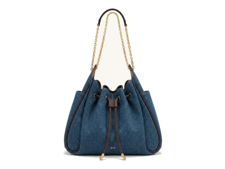 JW PEI Rowan Ruched Drawstring Chain Bucket Bag Dark Blue Denim