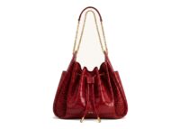 JW PEI Rowan Ruched Drawstring Chain Bucket Bag Dark Red Croc