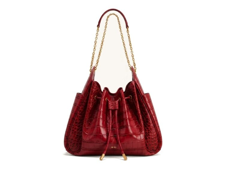 JW PEI Rowan Ruched Drawstring Chain Bucket Bag Dark Red Croc