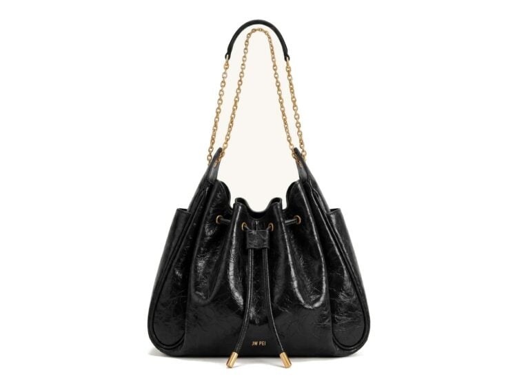 JW PEI Rowan Ruched Drawstring Chain Bucket Bag Jet Black