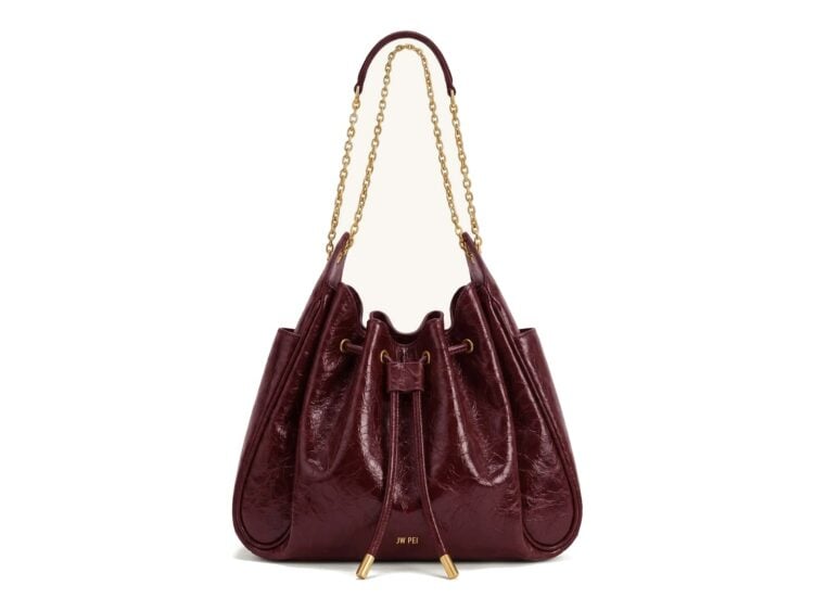 JW PEI Rowan Ruched Drawstring Chain Bucket Bag Vermilion Red