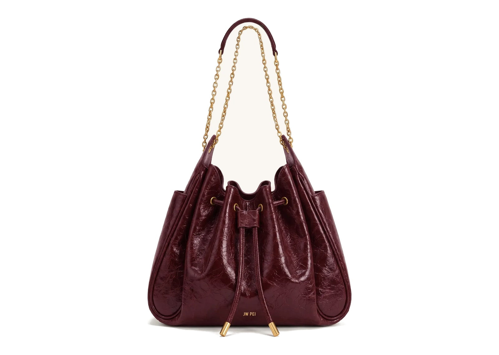 JW PEI Rowan Ruched Drawstring Chain Bucket Bag Vermilion Red