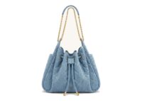 JW PEI Rowan Ruched Quilting Drawstring Chain Bucket Bag Blue Denim