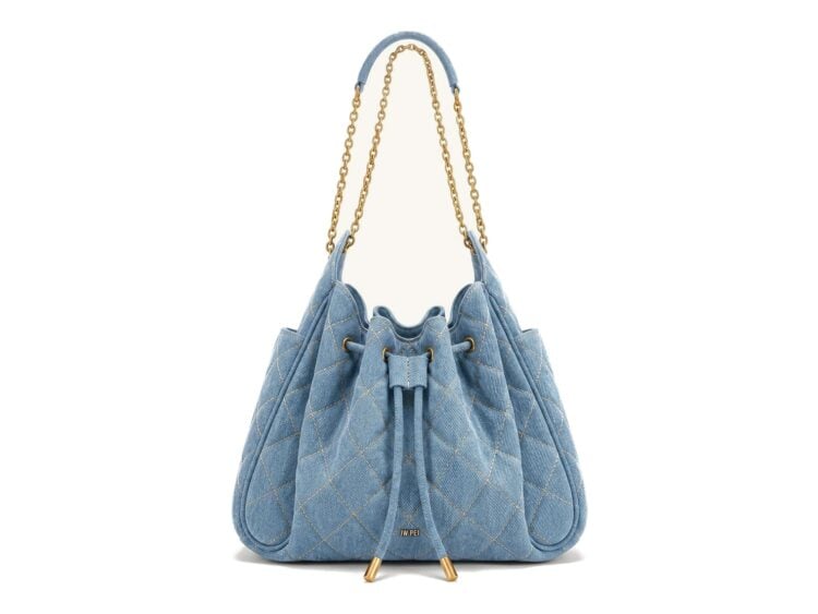 JW PEI Rowan Ruched Quilting Drawstring Chain Bucket Bag Blue Denim
