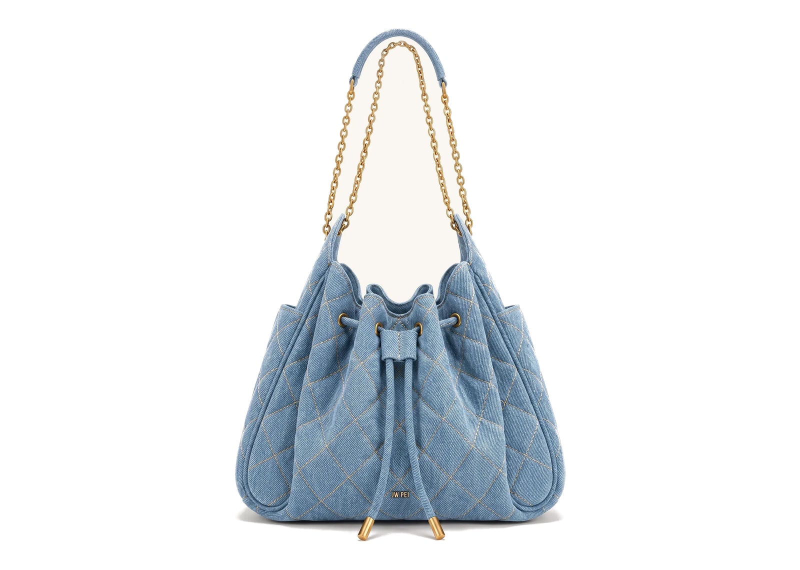 JW PEI Rowan Ruched Quilting Drawstring Chain Bucket Bag Blue Denim