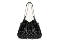 JW PEI Rowan Studded Ruched Drawstring Chain Bucket Bag Shiny Black