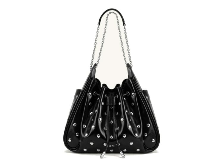 JW PEI Rowan Studded Ruched Drawstring Chain Bucket Bag Shiny Black