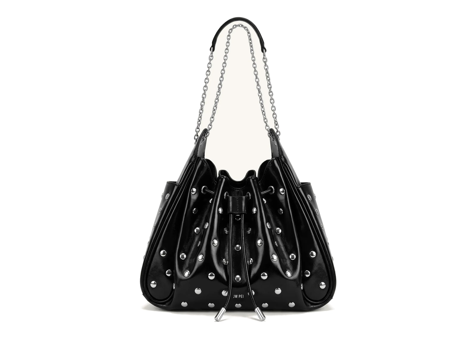 JW PEI Rowan Studded Ruched Drawstring Chain Bucket Bag Shiny Black